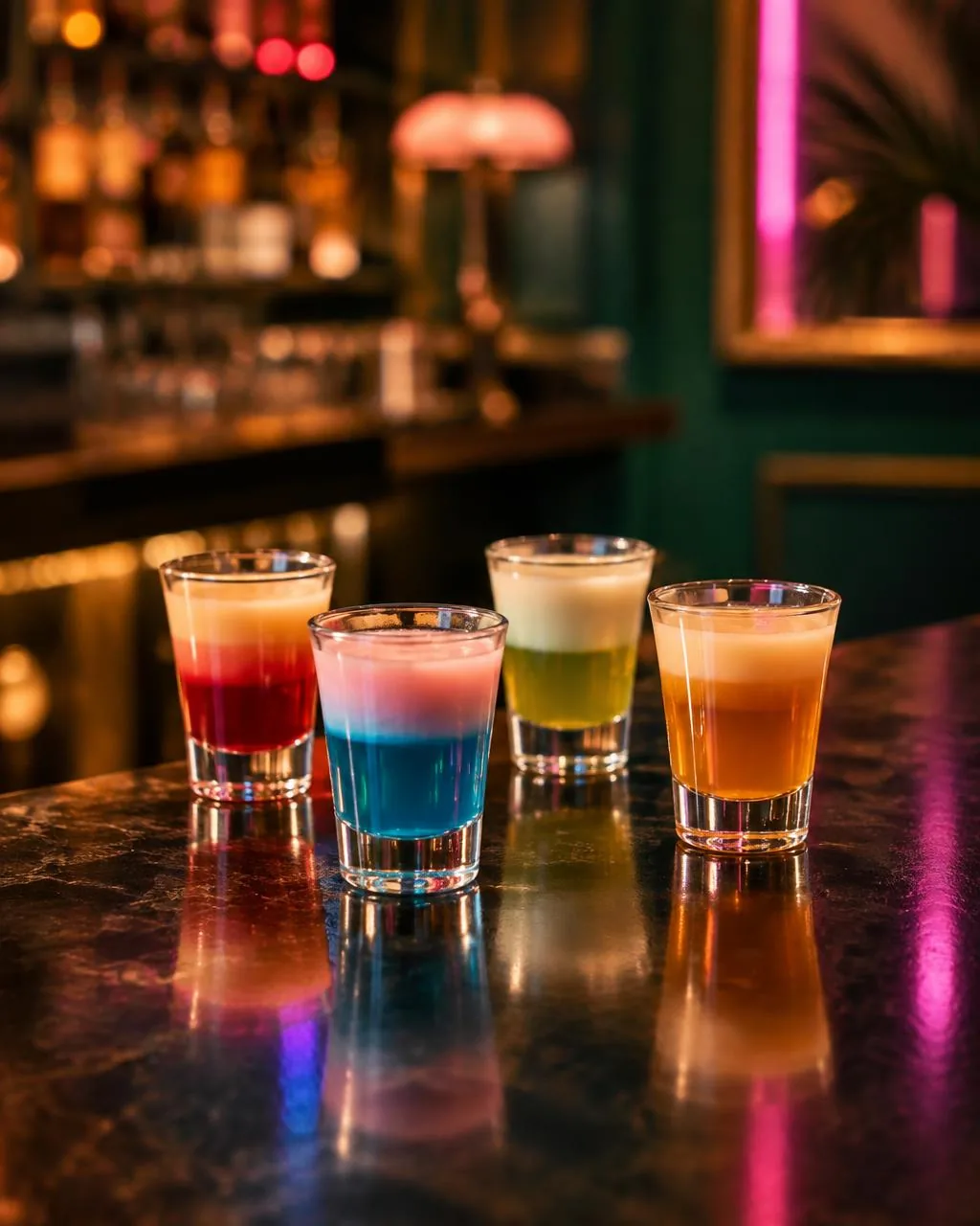 Four colourful Corky’s-style shots on The Birdcage bar